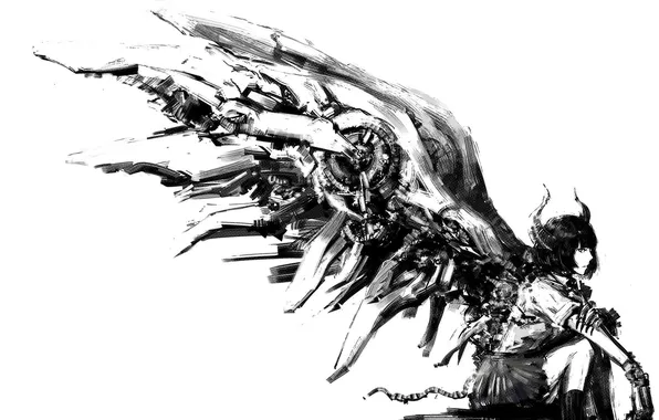 Picture girl, mechanism, wings, anime, art, tail, horns, monochrome
