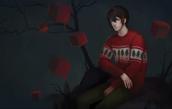Guy, sweater, different eyes, heterochromia, red cubes