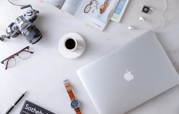 White, watch, coffee, glasses, player, the camera, book, laptop