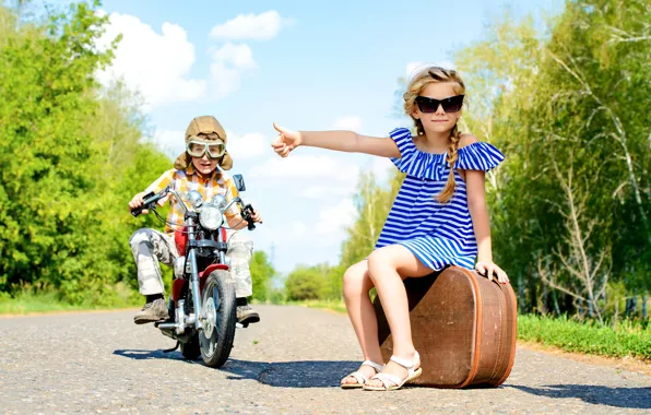 Road, boy, dress, glasses, motorcycle, girl, suitcase