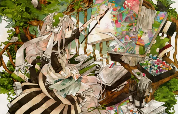 Bench, tree, paint, books, girl, pictures, birds, brush