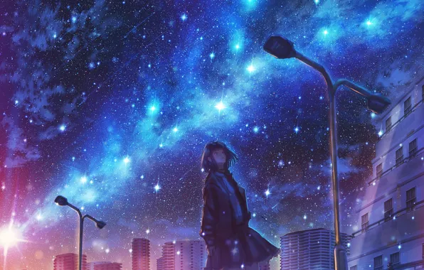 Picture girl, night, the city, the milky way
