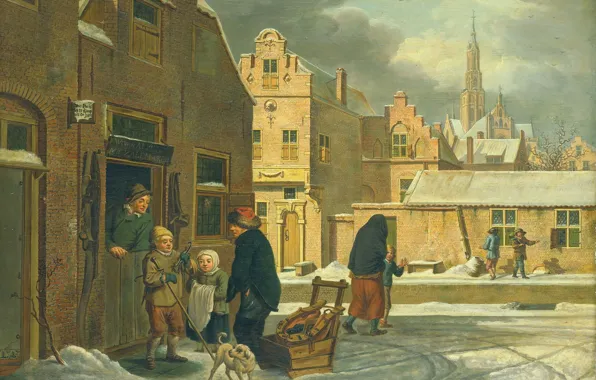 Picture trees, oil, picture, the urban landscape, City view in Winter, Dirk Jan van der Laan