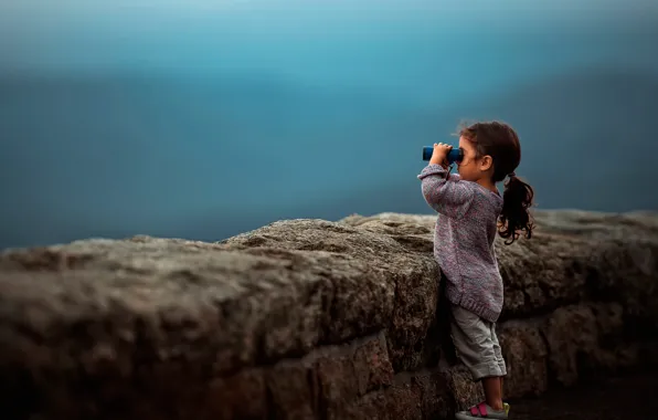 Girl, binoculars, bokeh, Faraway