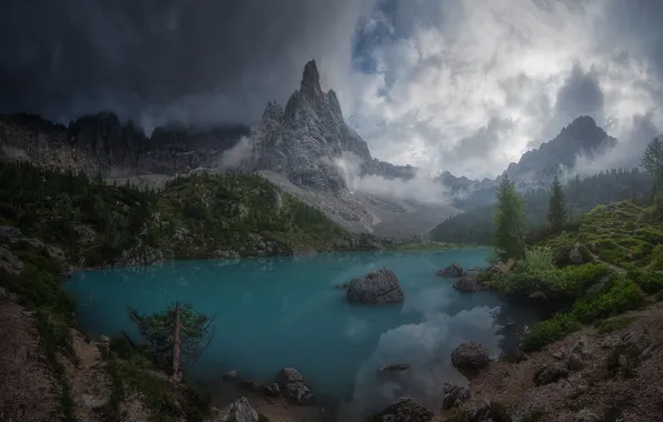 Forest, clouds, mountains, fog, lake, stones, rocks, shore