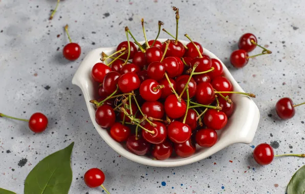 Leaves, cherry, berries, table, bowl, placer, grey background, cherry