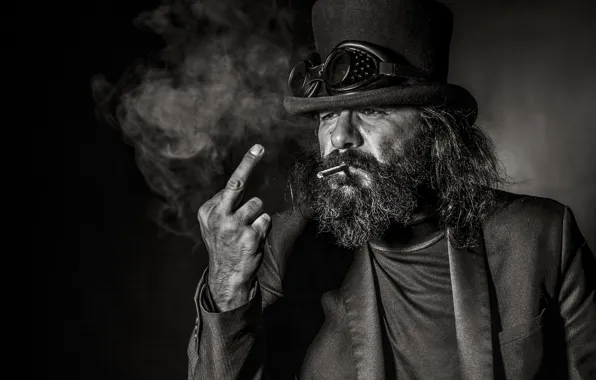 Picture background, portrait, man, glasses, cigarette, beard, gesture, middle finger