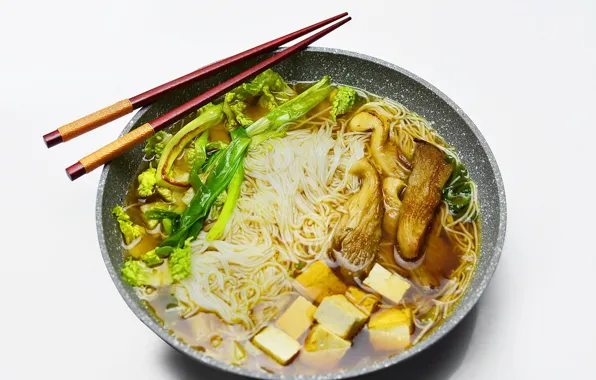Greens, mushrooms, noodles, broth, ramen