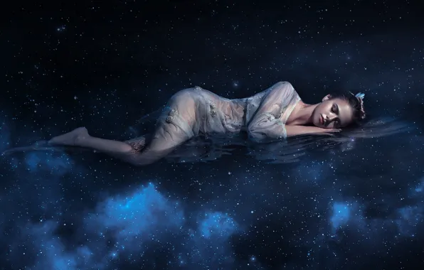 Picture water, space, stars, fatigue, sleep, makeup, space, white dress