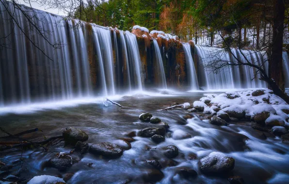 Winter, snow, rocks, waterfall
