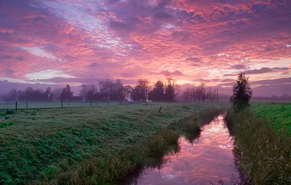 The sky, clouds, nature, river, morning, channel, pink