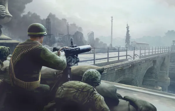 Bridge, the city, war, soldiers, machine gun, Company of Heroes