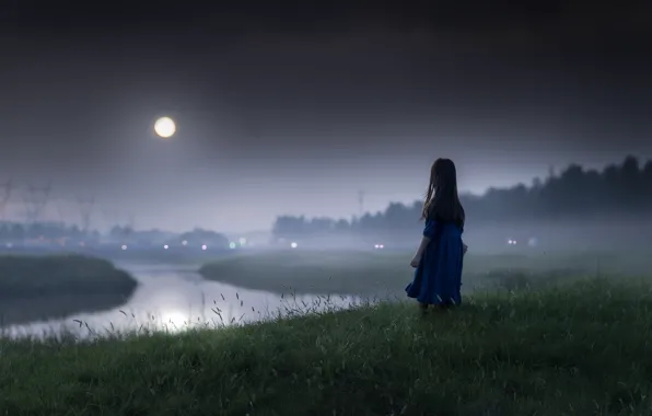 Night, river, mood, the moon, girl