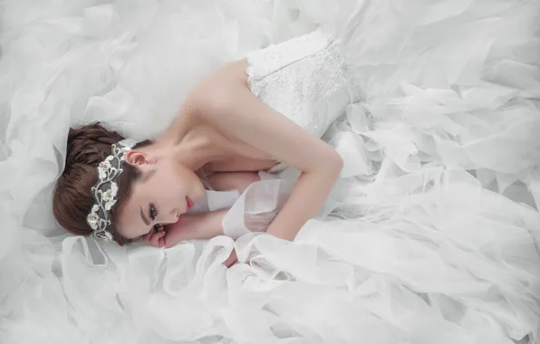 Girl, hairstyle, Asian, the bride, white dress
