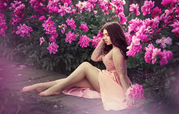 Picture girl, flowers, nature, dress, peonies