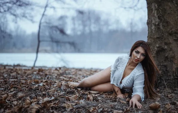 Autumn, leaves, girl, trees, snowflakes, river, barefoot, makeup