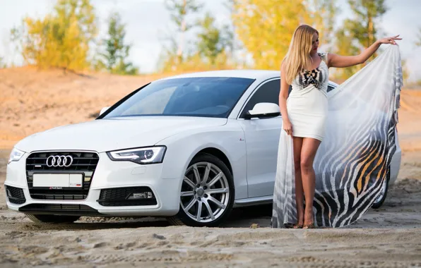 Picture Audi, Girls, dress, beautiful girl, white car, posing on the car