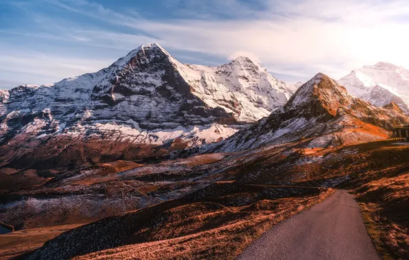 Road, the sky, light, snow, sunset, mountains, rocks, the evening