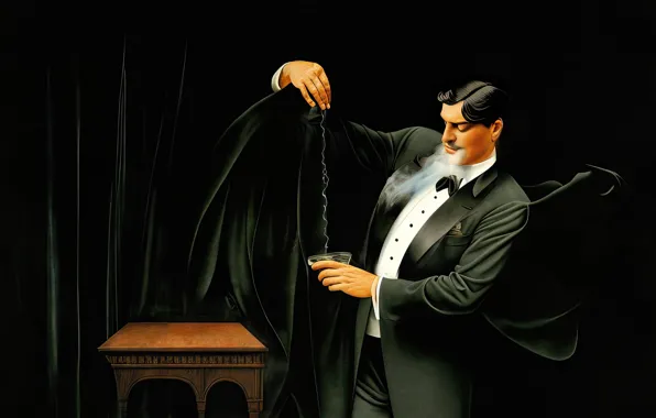 Mustache, pose, the dark background, table, scene, hands, electricity, costume