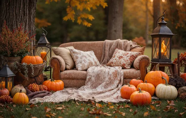 Autumn, forest, grass, trees, branches, comfort, Park, sofa