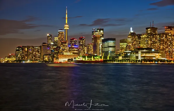 Water, the city, lights, skyscrapers, Night, Canada, Toronto, Canada