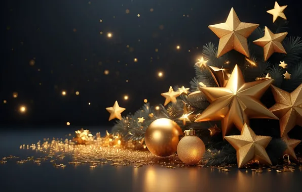 Stars, balls, branches, the dark background, gold, Shine, lights, sequins
