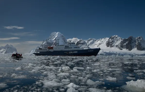 Mountains, the ocean, boat, ship, island, ice, the ship, boat