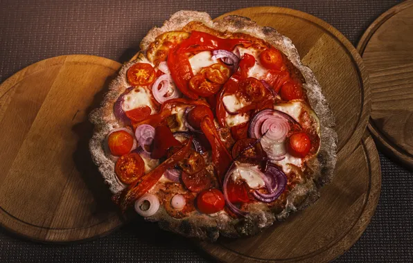 Cheese, bow, pepper, vegetables, pizza, tomatoes, stand, vegetable