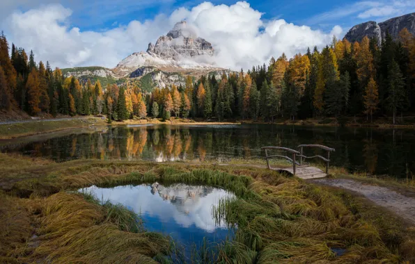 Autumn, forest, the sky, clouds, mountains, nature, lake, the bridge