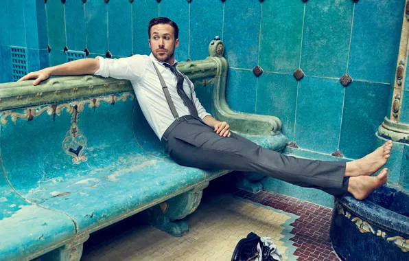 Bench, barefoot, tie, actor, shirt, sitting, photoshoot, pants