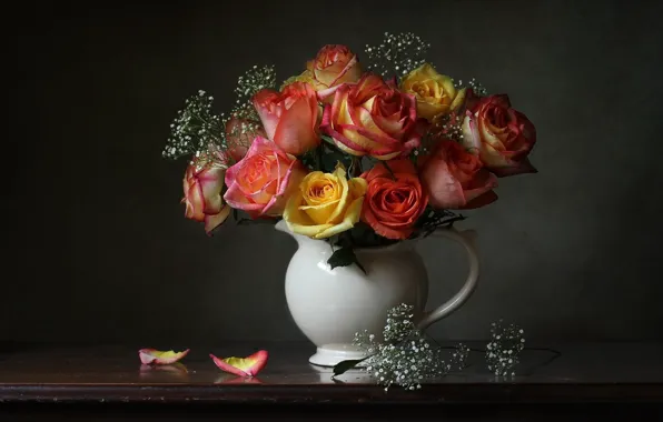Background, roses, bouquet, petals, pitcher, gypsophila