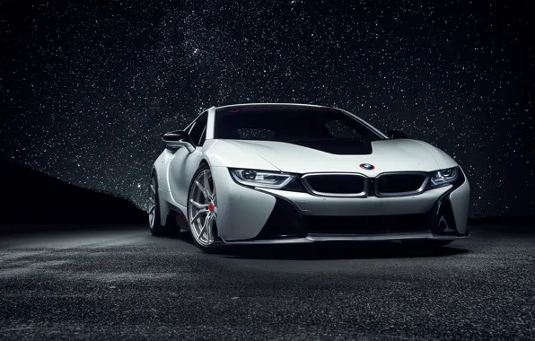 White, the sky, night, view, bmw, stars, white, wheels