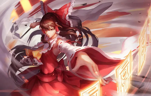 Magic, vortex, kimono, bow, priestess, long hair, Touhou, print