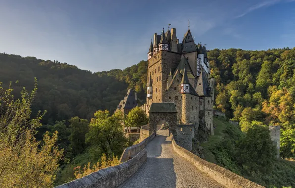 Road, forest, the sky, bridge, blue, castle, height, Germany
