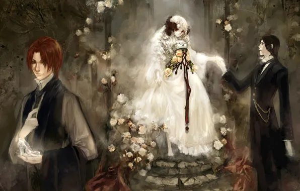 Picture girl, shoes, costume, guy, gazebo, white dress, white roses, barefoot