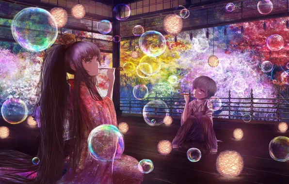 Trees, bubbles, girls, anime, Sakura, art, kimono, popopo5656