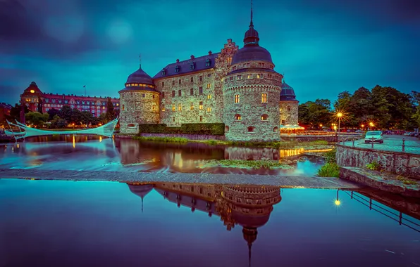 Clouds, night, lights, reflection, mirror, Sweden, blue sky, Närke