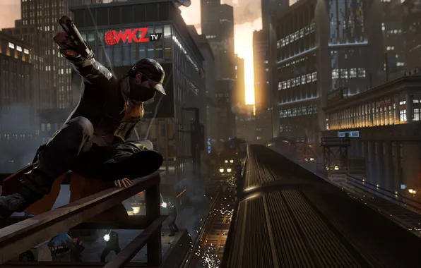 Picture the city, metro, train, gun, Watch Dogs, Watchdogs, Aiden Pearce