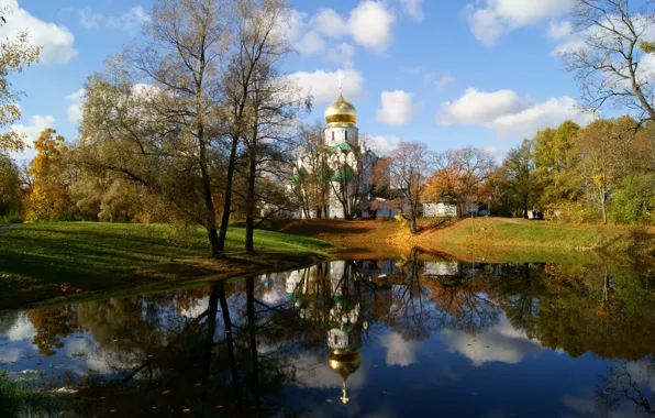 Autumn, the sky, clouds, lake, October, day, Church, St Petersburg...