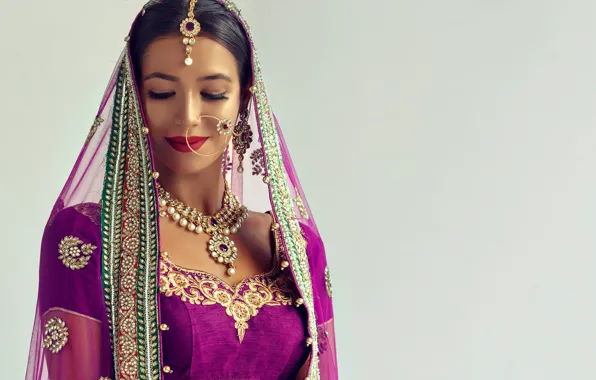 Girl, decoration, smile, background, portrait, earrings, necklace, makeup