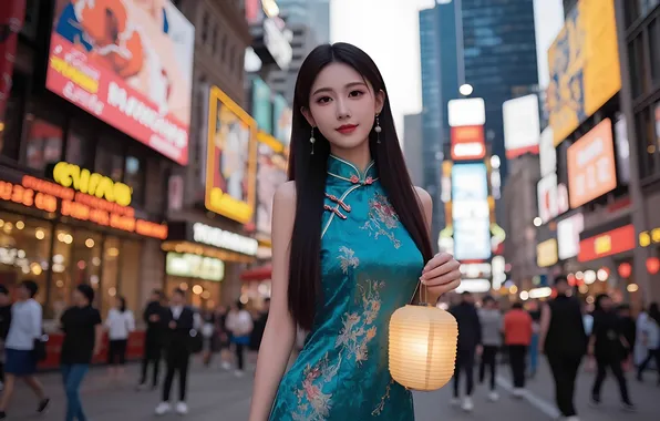 Girl, the city, lamp, earrings, dress, hairstyle, Chinese, Asian