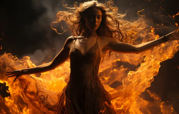 Girl, Fire, Hair, Digital art, AI art, The Art of Artificial Intelligence, Neural network