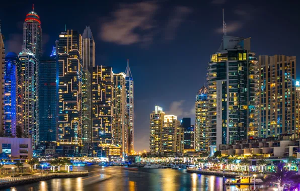 Building, home, Bay, Dubai, night city, Dubai, skyscrapers, harbour