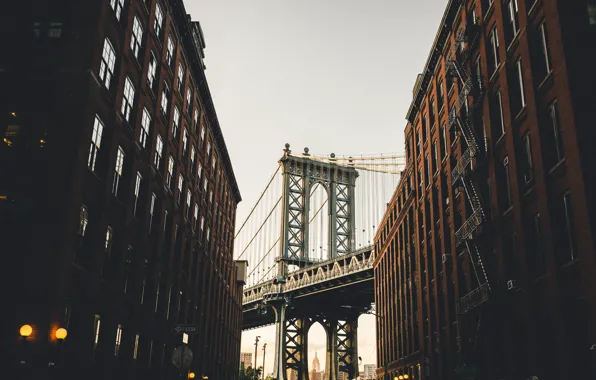 Bridge, city, the city, street, home, New York, the evening, Brooklyn