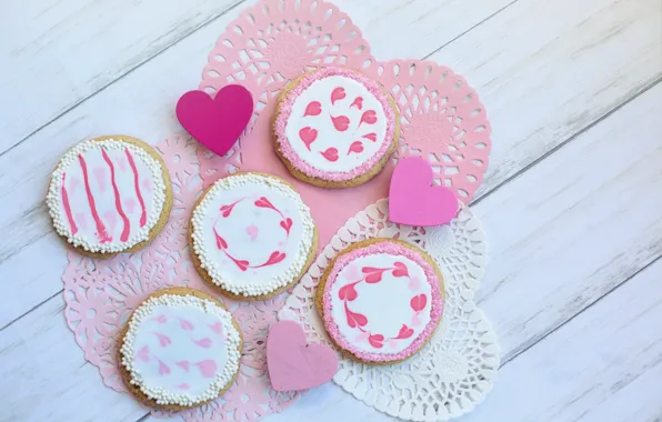 Pink, cookies, hearts, heart, wood, pink, sweet, cookie