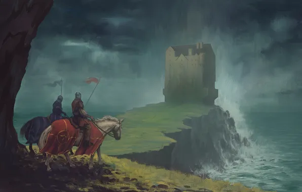 Sea, rock, castle, horse, art, bad weather, riders