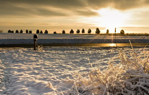 Picture road, snow, sunset