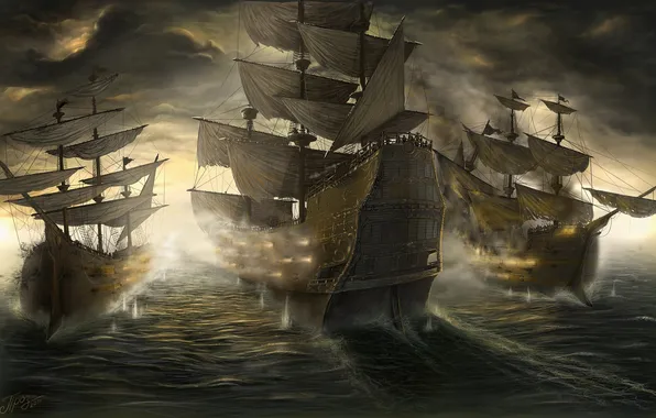 Picture sea, gun, sail, Ships, the battle