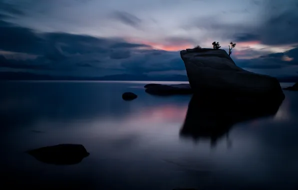Clouds, lake, rocks, the evening, twilight, California, Nevada, Lake Tahoe