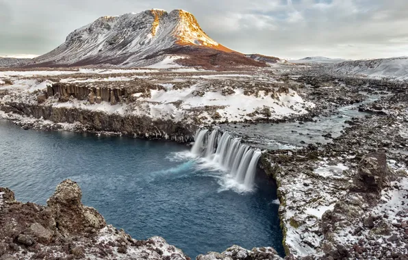 Picture winter, waterfall, Iceland, Merkurhraun, lava fields